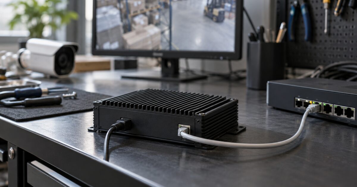 Compact edge computer connected to a network switch on an integrator workbench.