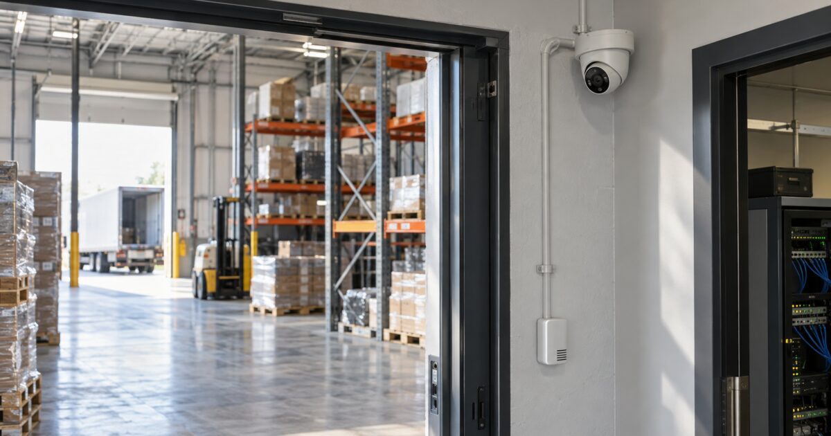 Warehouse entrance with a camera, separate sensor and network cabinet.