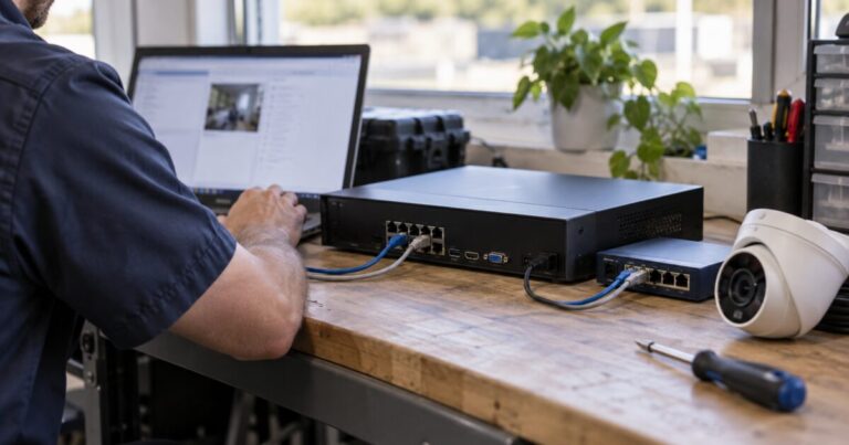 Technician checking a recorder, network switch and camera on a workbench.