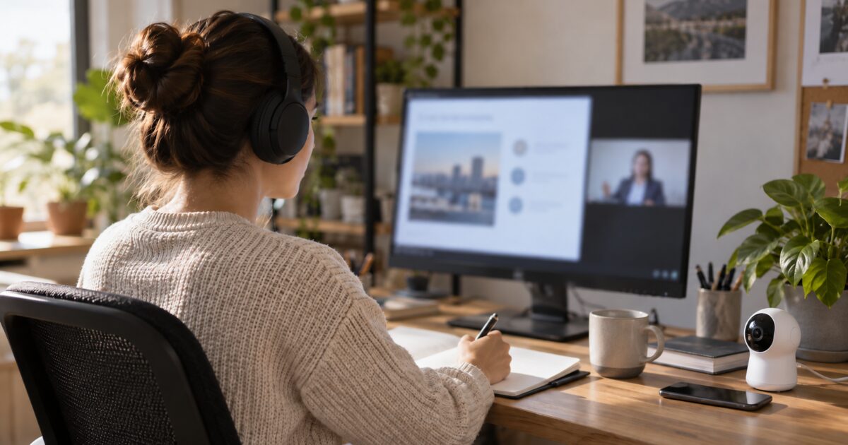 Technical professional watching an online presentation in a quiet workspace.