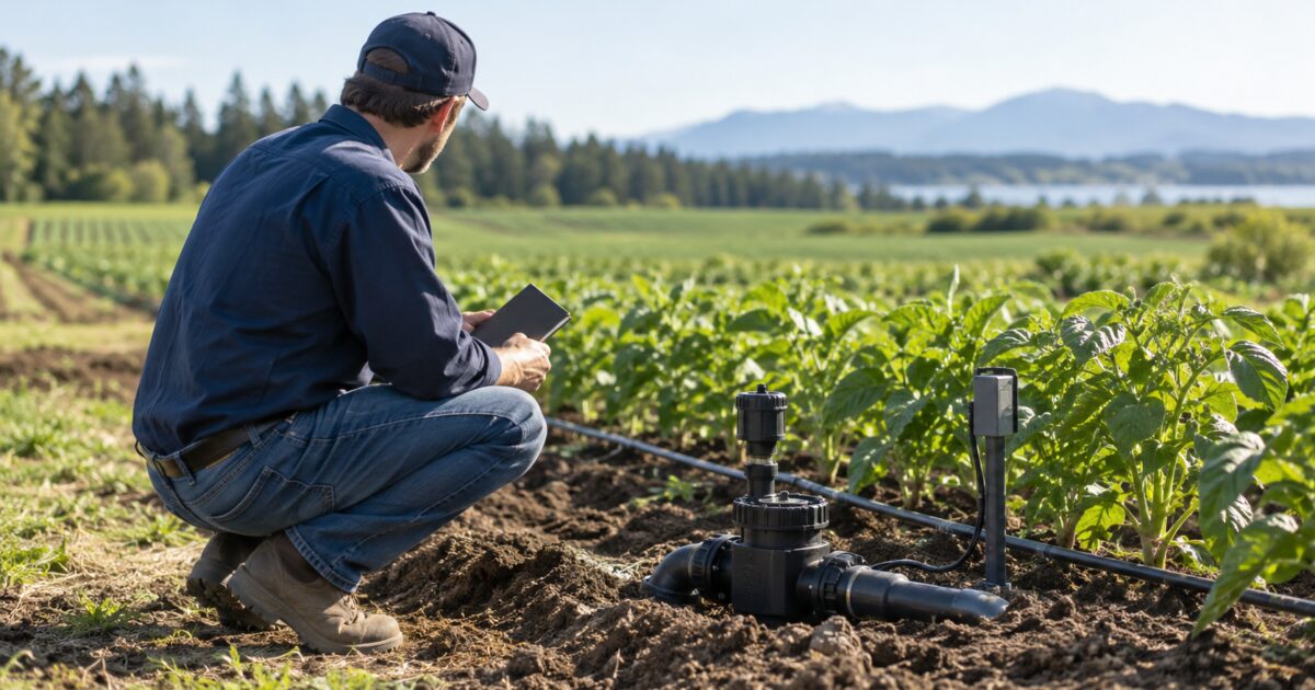 Field technician checking irrigation equipment and a soil sensor beside planted rows.