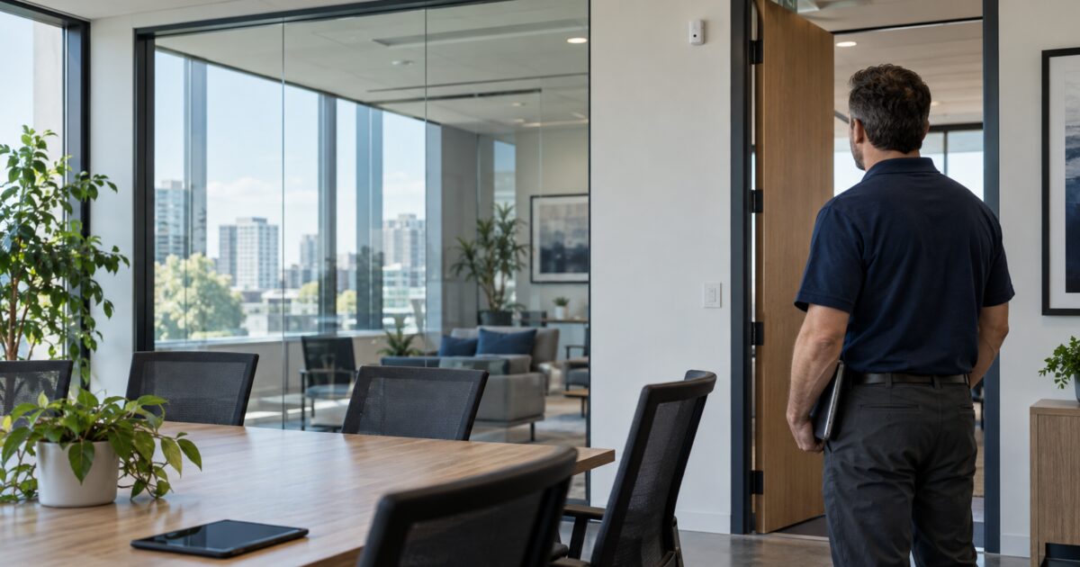 Office meeting room with a small occupancy sensor and facilities professional.