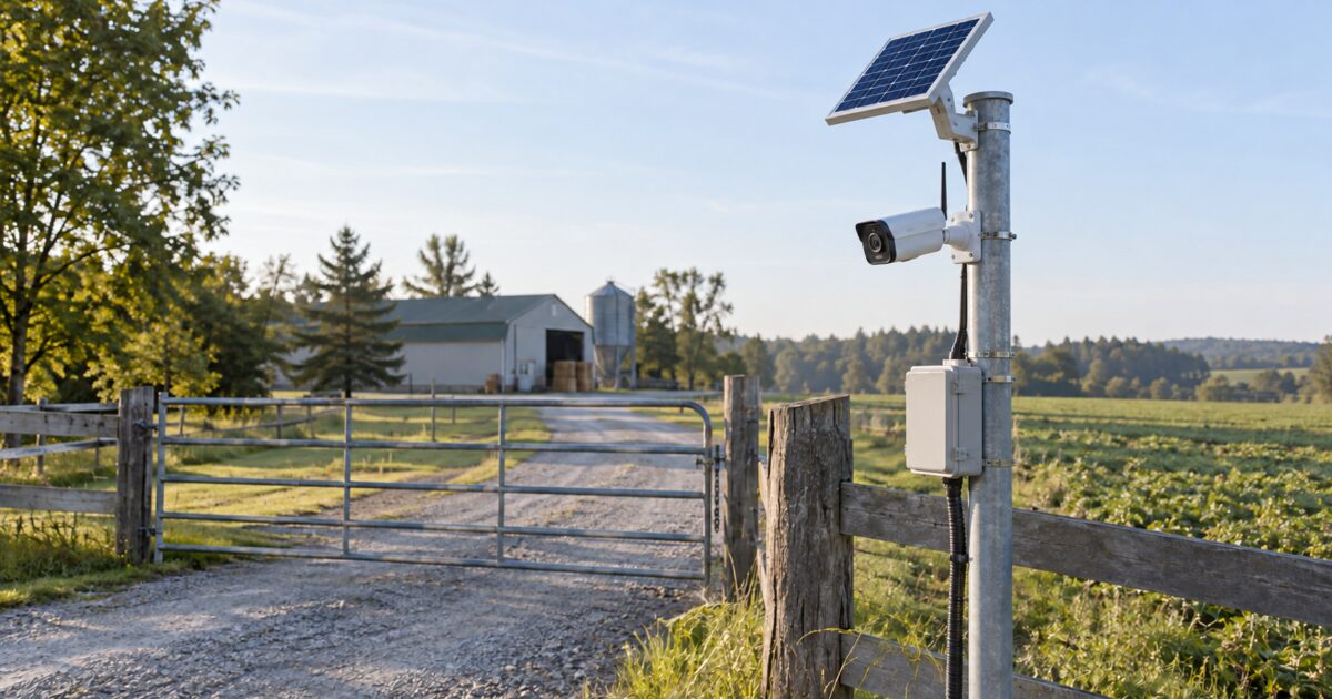 Pole-mounted camera and solar panel overlooking a rural gate and driveway.