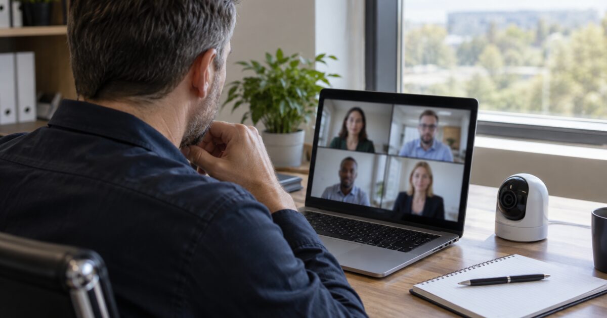 Security professional participating in an online conversation at an office desk.